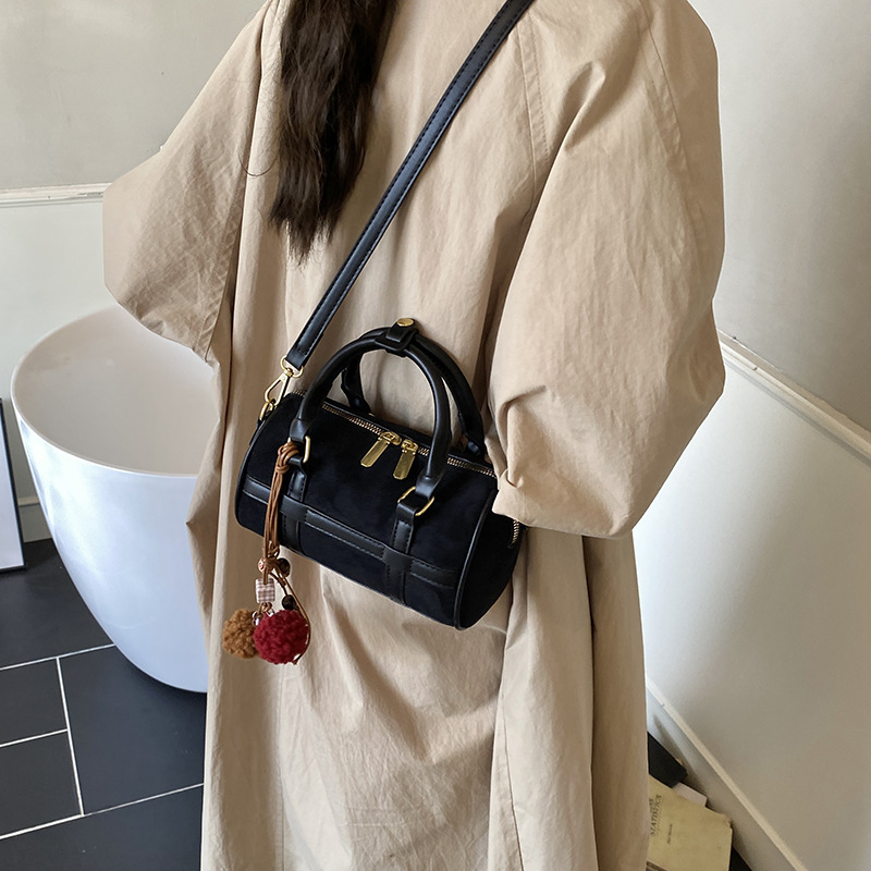 韩国磨砂绒面手提包包女2025秋新款拼接复古单肩圆筒包休闲斜挎包|undefined