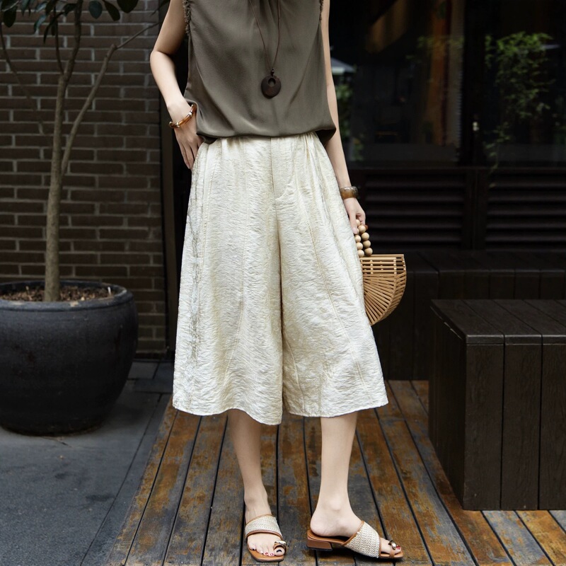 4-Color Popular New Chinese-Style Tencel Blend Jacquard Elastic Waist 6-Point Pants 2026 Summer Loose Sports Casual Pants for Women