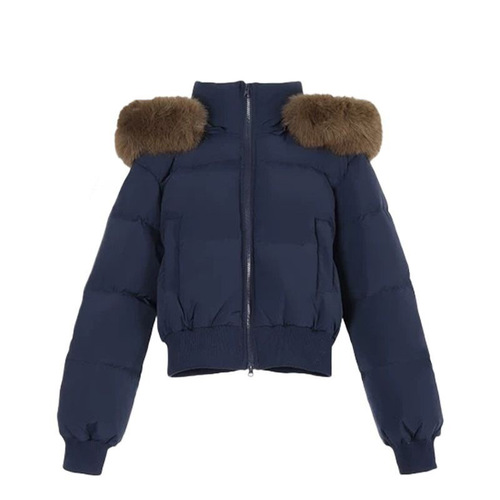 Export Trade Dark Blue Design Hooded Fur Collar Cotton Coat Women's Winter New Thickened Warm Short Bread Coat Outerwear 