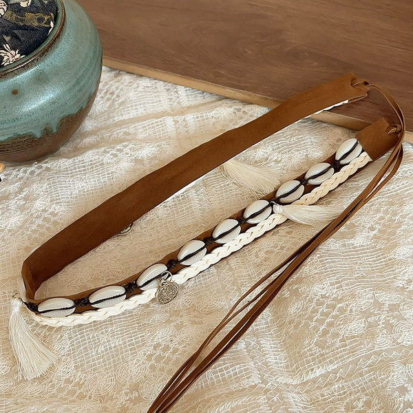 Brown white shell tassel belt-about 129CM