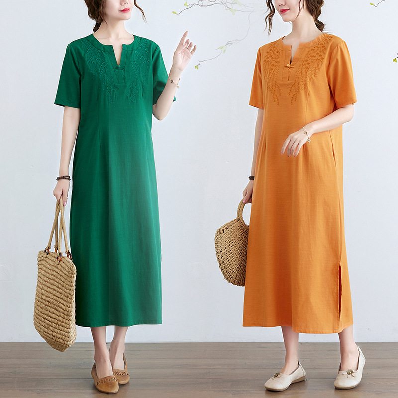 2021 Summer New Middle-aged Cotton And Linen Dress Loose Large Size Mid-length Literary Retro Embroidery A-line Skirt Women