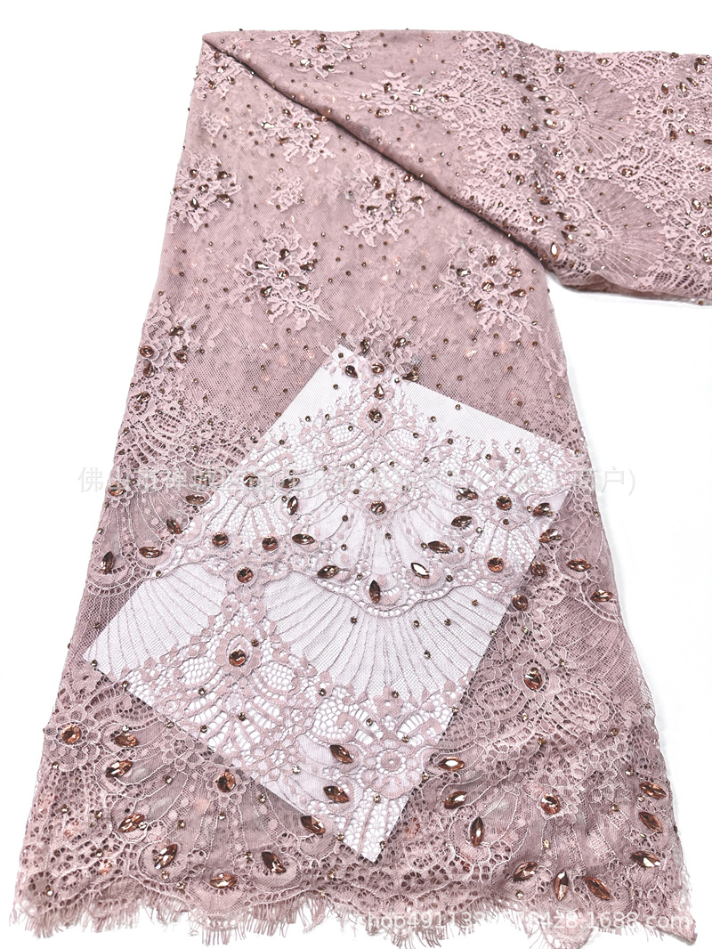 Tejido de encaje retro francés bordado rosa claro tela de malla de perlas de clavos vestido de boda