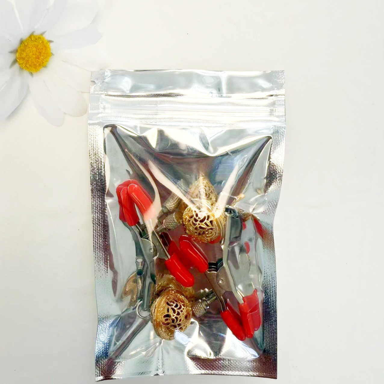Nipple Clamps with Bell Pendant and Tassel, Red Silver Bell Design — detail image 1