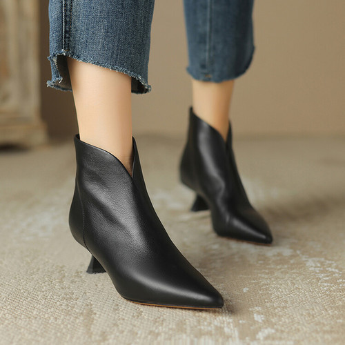 Women's Spring/Fall Nude Boots: Sleek, Sexy French-Style Ankle Boots in Solid Color—Featuring Genuine Leather, Delicate Metal Heel, and Pointed V-Shape Toe