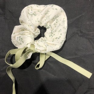 Fresh Green Floral Scrunchie for Girls, Pure Cotton High Elasticity Ponytail Hair Tie Hair Accessory for Women