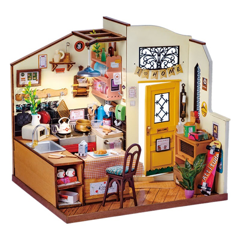 Ruolai DIY cabaña feliz cocina miniatura pequeña casa creativa ensamblada a mano modelo de casa de muñecas juguete niños
