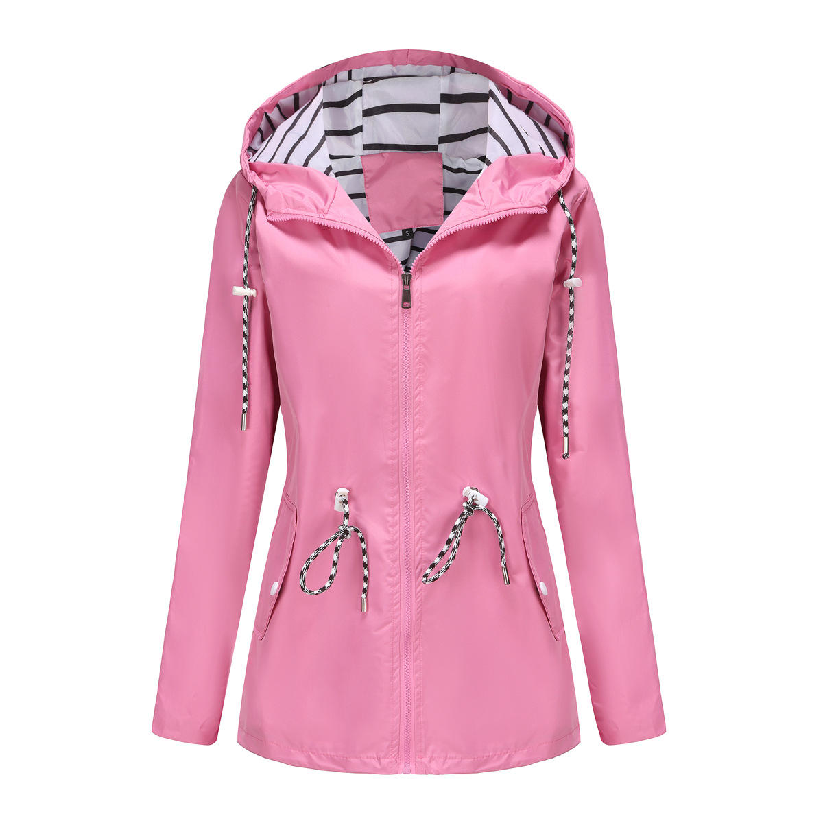 nieuwe lange mouwen anti-spatwater lange windjack dames capuchon gestreepte regenjas cross border plus size dameskleding_voghion.com