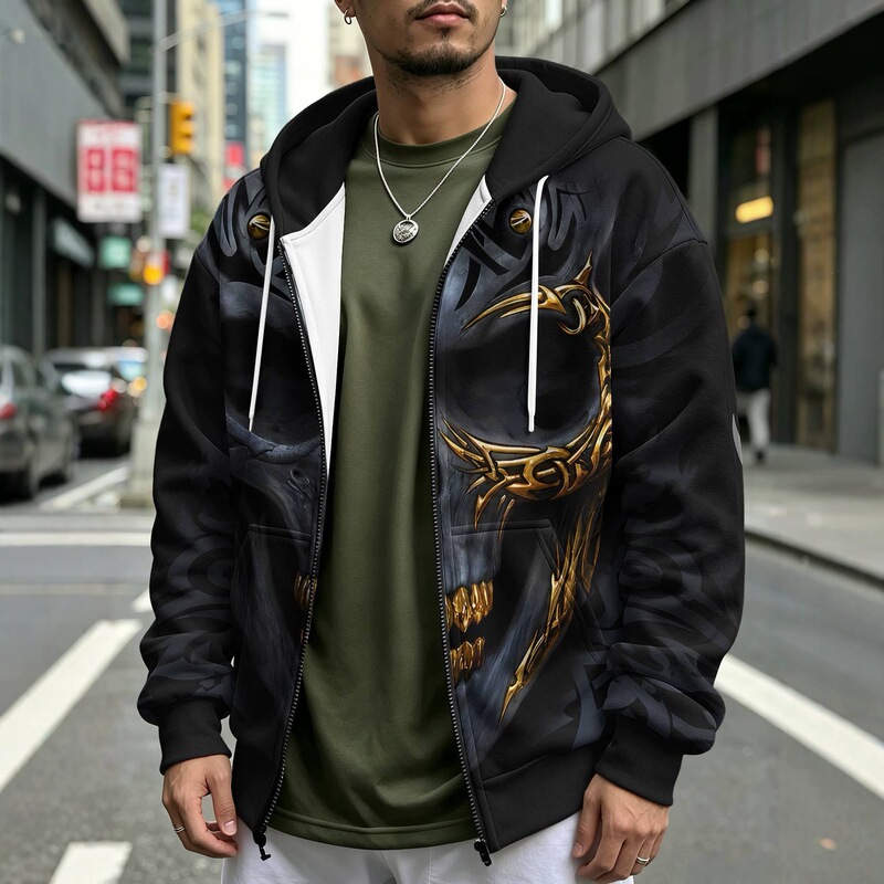 3D all-over print hoodie featuring mythical creatures: Azure Dragon, black and white dragons, twin tigers, and a cartoon frog; loose-fitting, open-front, hooded style