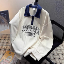 日系复古polo衫男士春秋季潮牌刺绣卫衣学院风宽松情侣外套杏色