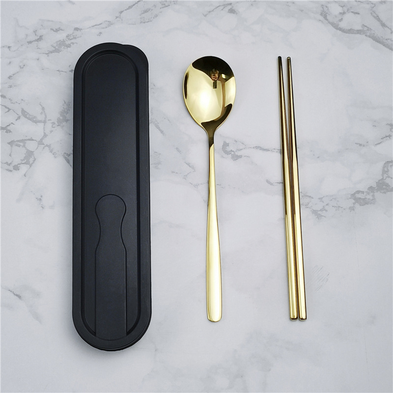 304 de acero inoxidable vajilla estilo coreano palillos conjunto de tres piezas traje portátil estudiante comedor al aire libre logotipo impreso