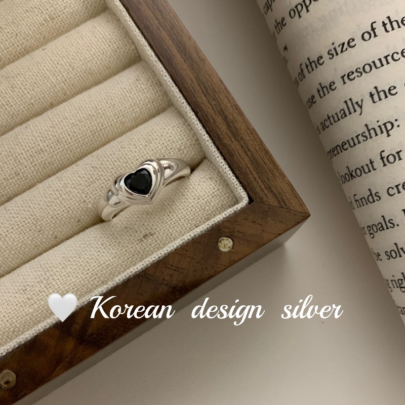 韓版S925純銀簡約時尚幾何黑鑽鋯石愛心形戒指 ins風開口指環女