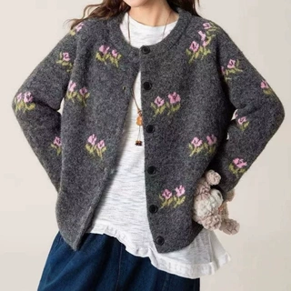 复古风设计感花朵针织开衫春秋冬新款上衣撞色宽松毛衣外套女外贸