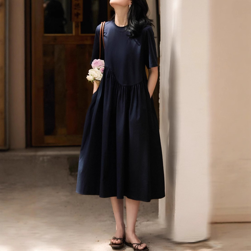 Lightweight Choice, Casual Elegant, Structured Pleated Splicing Design Short-Sleeved Dress/Mid-Length Skirt