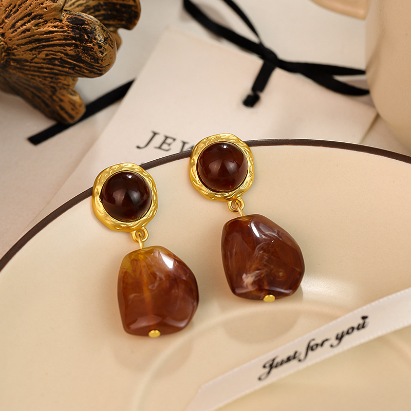 Pendientes Irregulares Color Café Ámbar para Mujer, Novedad Otoño-Invierno 2024, Pendientes de Alta Gama, Estilo Retro Maillard
