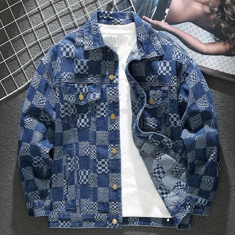 Men's black checkered jacket, spring and autumn style, trendy retro Japanese style, loose fit, plus size denim jacket.