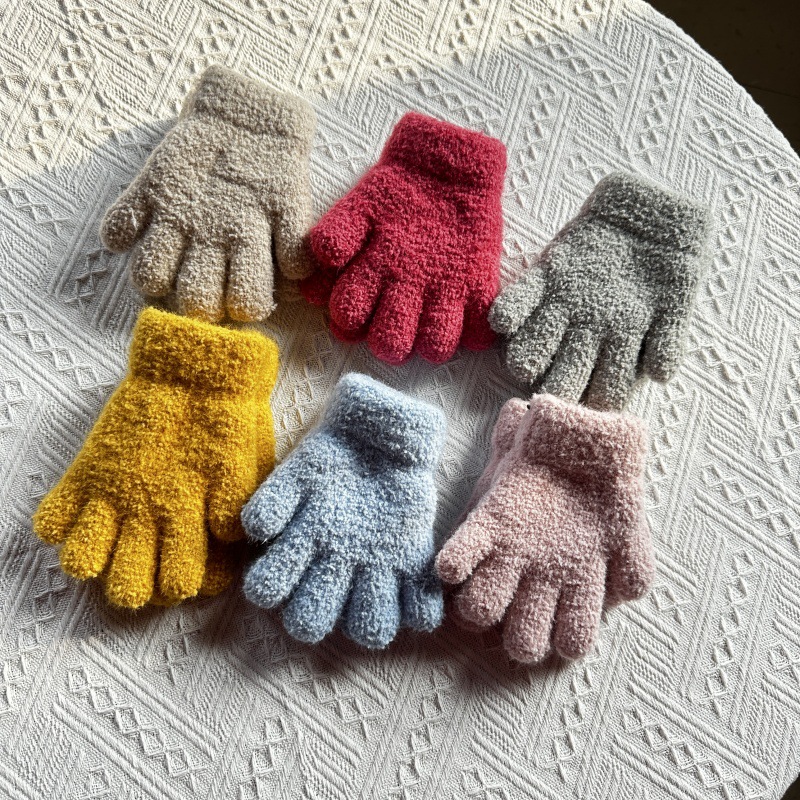 中大童小学生冬天保暖防寒双层加厚加绒针织毛线手套暖手简约纯色