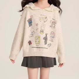 女中大童上衣秋季2025新款童趣卡通可爱小兔子绣花荷叶边连帽毛衣