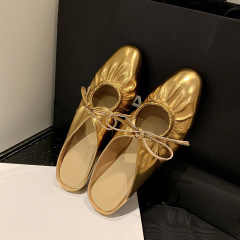 2023 Summer Women's French Vintage Silver Toe-Open Half Slippers | Gold Flat-Heel Sandals for Outdoors