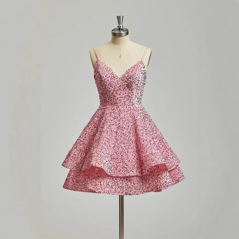 Sequin Foreign Trade Dance Dress, Multi-Layered Short Style, Shiny Spaghetti Strap Mini Ball Gown, Cocktail Dress, Wedding Guest Dress Sequin Foreign Trade Dance Dress, Multi-Layered Short Style, Shiny Spaghetti Strap Mini Ball Gown, Cocktail Dress, Wedding Guest Dress