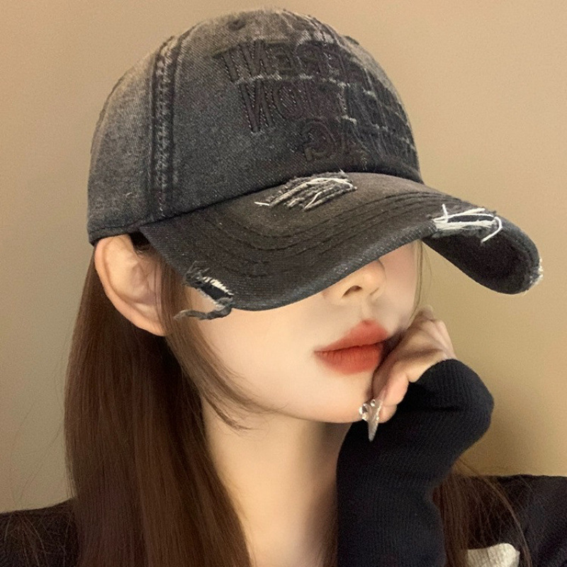 美式刺绣破洞牛仔棒球帽女宽帽檐加大加深鸭舌帽大头围显脸小帽子