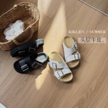 mollykiki复古外穿双排扣2026夏季新款头层牛皮软底休闲百搭拖鞋