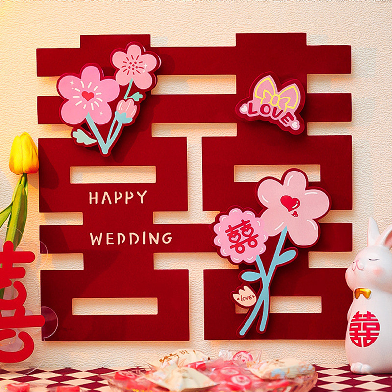Suministros DE BODA vino rojo flocado color impresión papel boda Xi carácter tridimensional boda habitación decoración puerta pegatina etiqueta de la pared al por mayor
