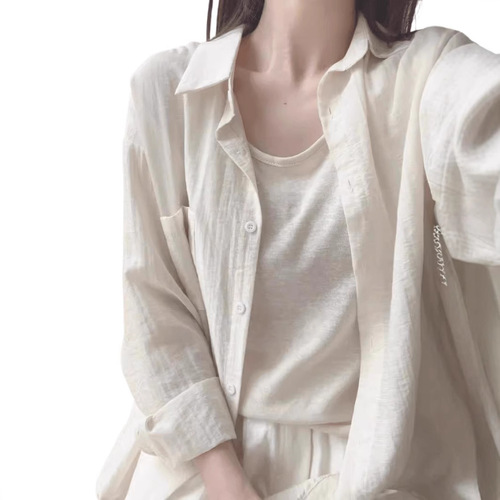 Cotton Linen Long-Sleeve Sun Protection Shirt Women's Outerwear Spring and Autumn Thin Version Plus Size Fat MM Slimming Loose Polo Collar Casual