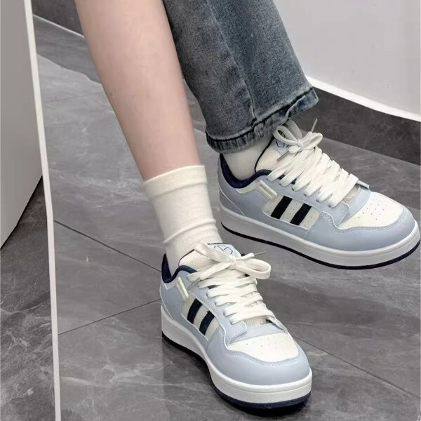 蓝白色拼接两条杠面包鞋女ins潮百搭小众设计滑板鞋运动休闲鞋子|undefined