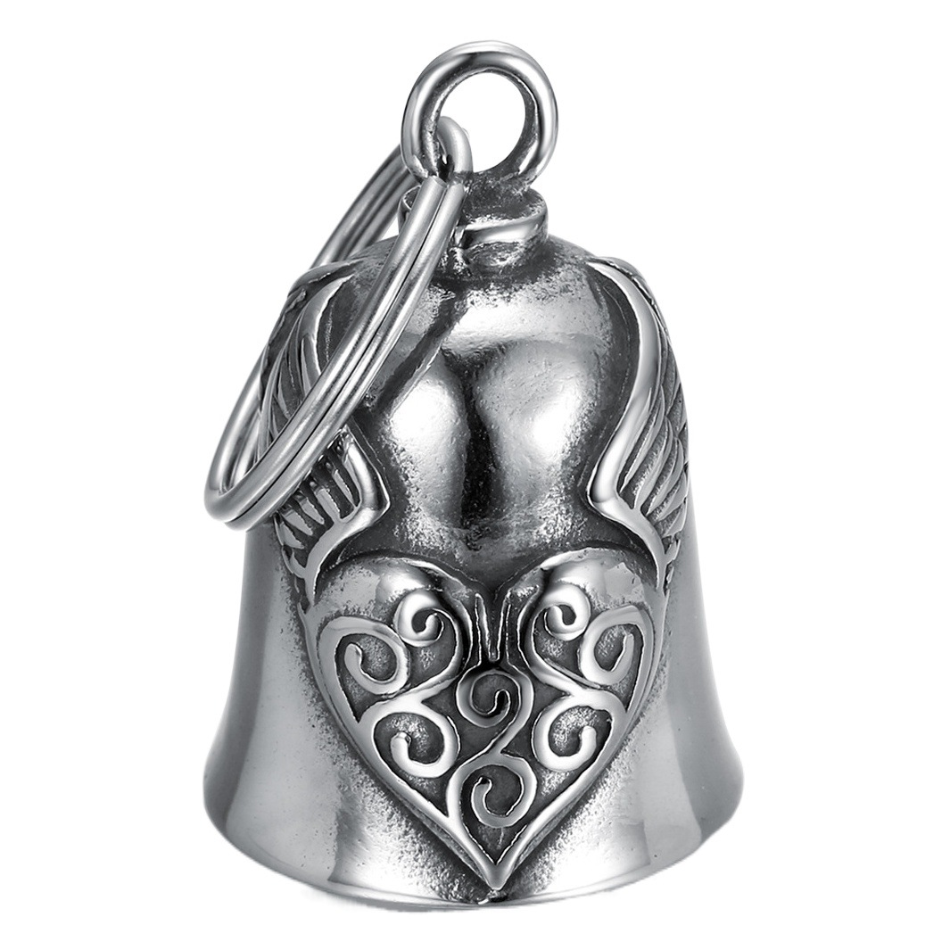 Moto de personalidad europea y americana transfronteriza, santo patrón de la conducción, material de acero inoxidable, alas de amor, campana, negro retro