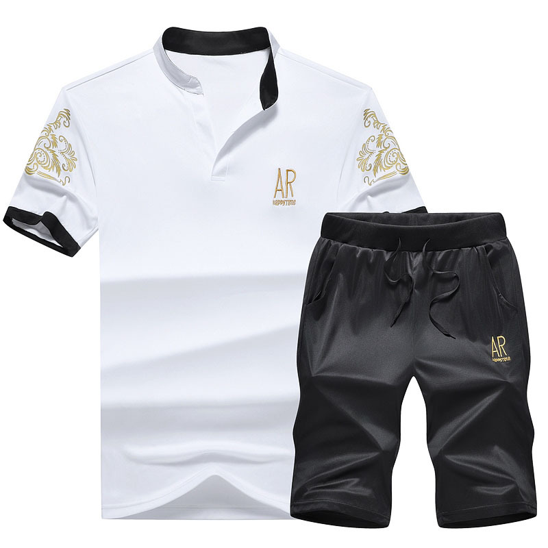 Trajes deportivos transfronterizos para hombres, trajes deportivos de verano de manga corta, camisetas de cuello para hombres, pantalones cortos, trajes de comercio exterior