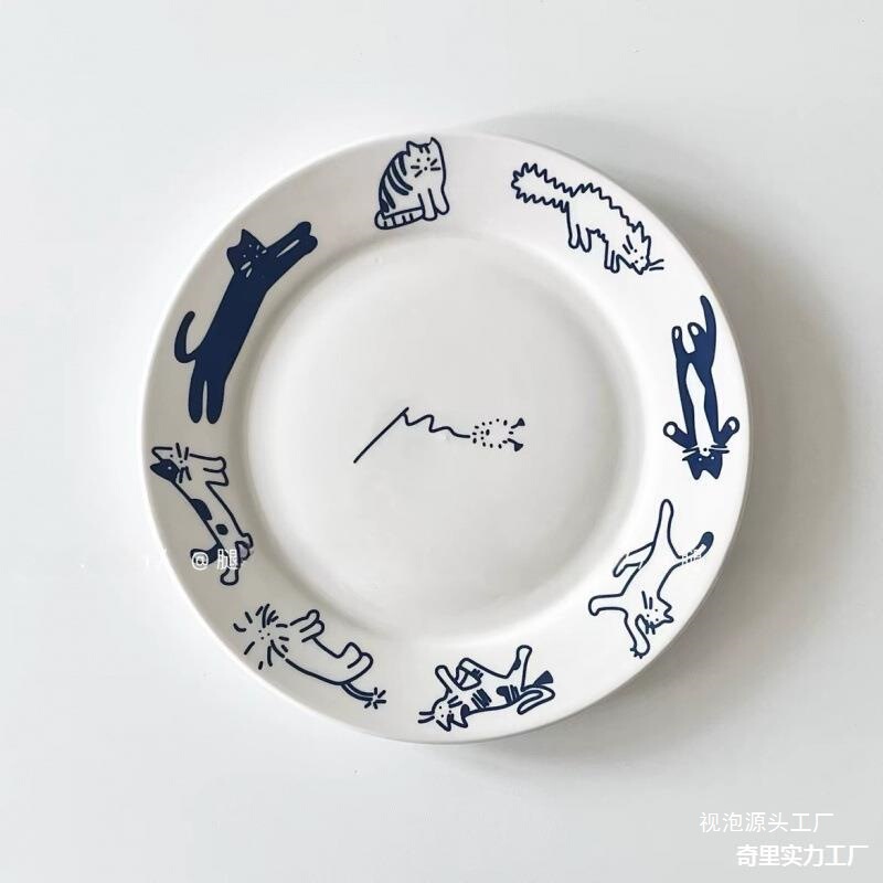 韓国に輸出レトロかわいい線画犬猫セラミックプレート 8inch 漫画デザート朝食プレートニッチビューバブル|undefined