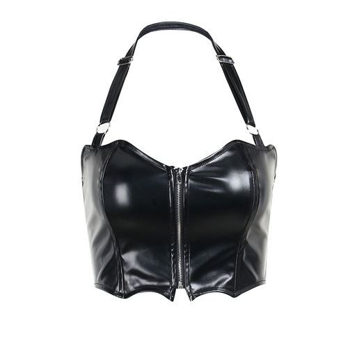 SY22049AH European and American dark bat suspender top female PU sexy hottie navel exposed zipper tight beautiful back suspender