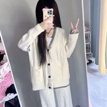 快手网红同款秋冬宽松毛衣外套女学院风韩版领加厚慵懒针织开衫