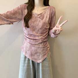 大码女装新品复古气质扎染新品不规则长袖恤上衣图片色无袖