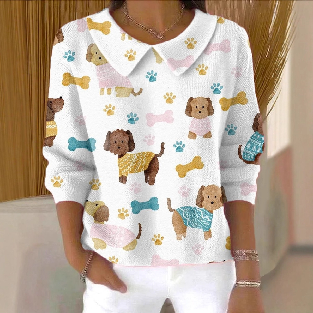 亚马逊数码印花秋冬新款TUME动物元素圆领长袖女装有领毛衣F352