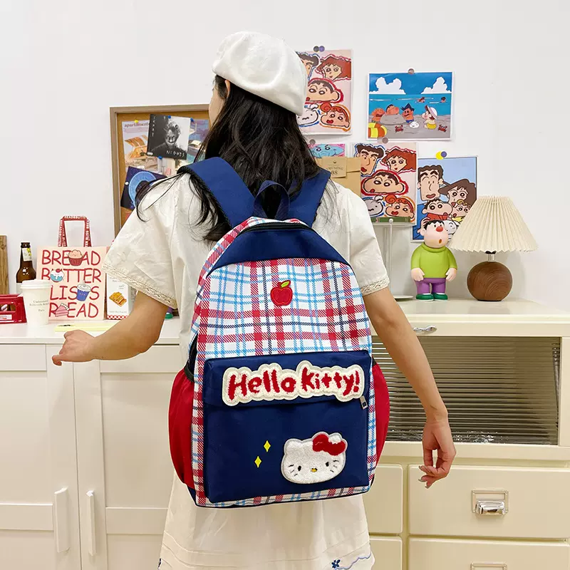 批发美式复古格子kitty双肩包女2025新款学生大容量轻便简约书包