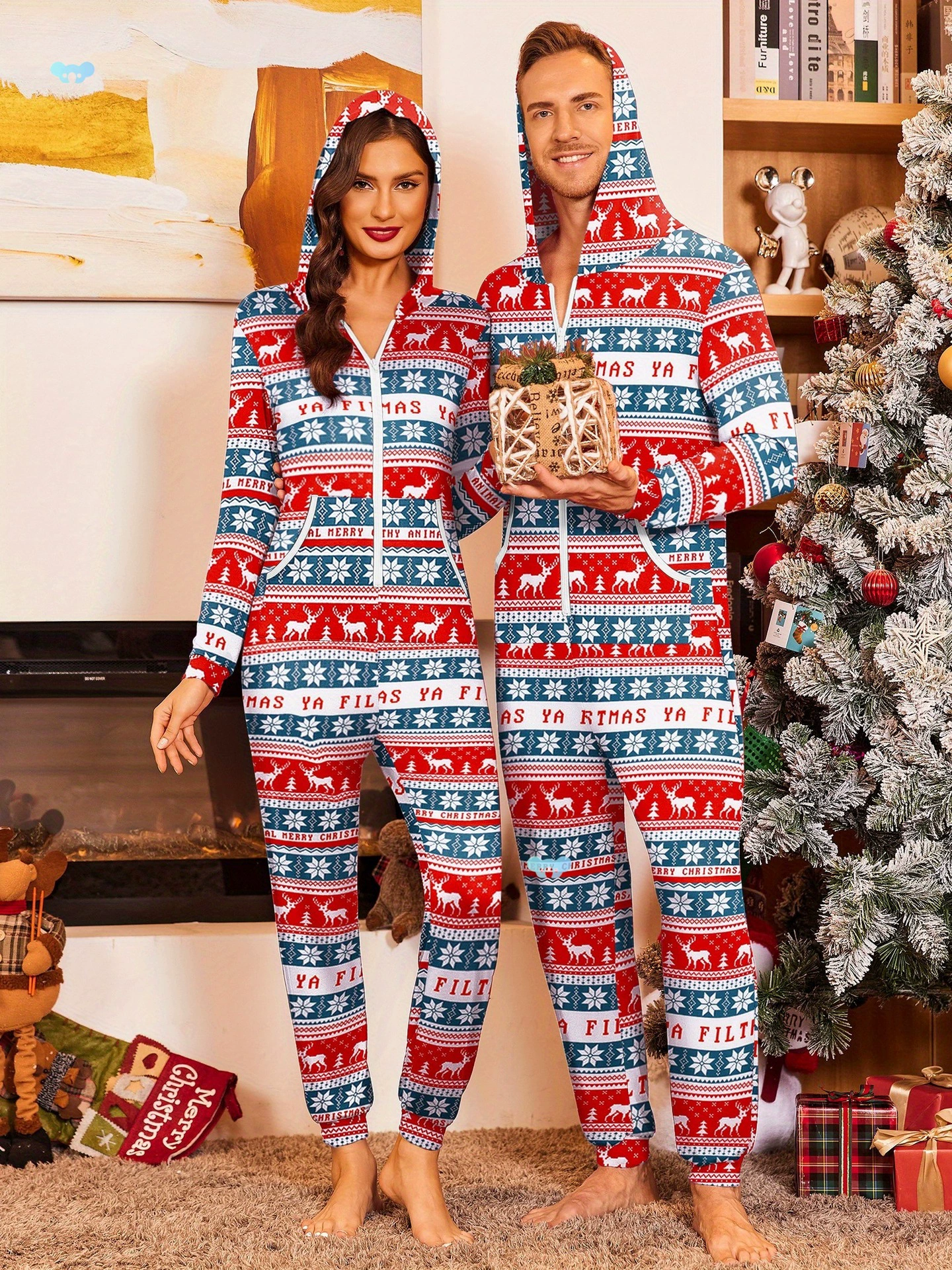 Теплый флисовый комбинезон с капюшоном на молнии, рождественский комбинезон 2024, трансграничный