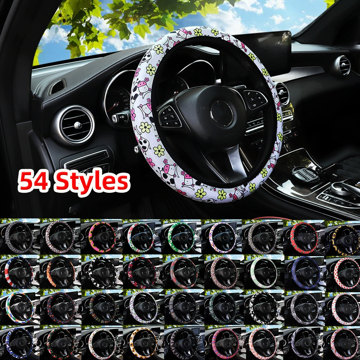 54 вида тканевых чехлов для руля автомобиля из неопрена с цветочным принтом, из SBR, с противоскользящей эластичной лентой без внутреннего кольца, для трансграничной торговли