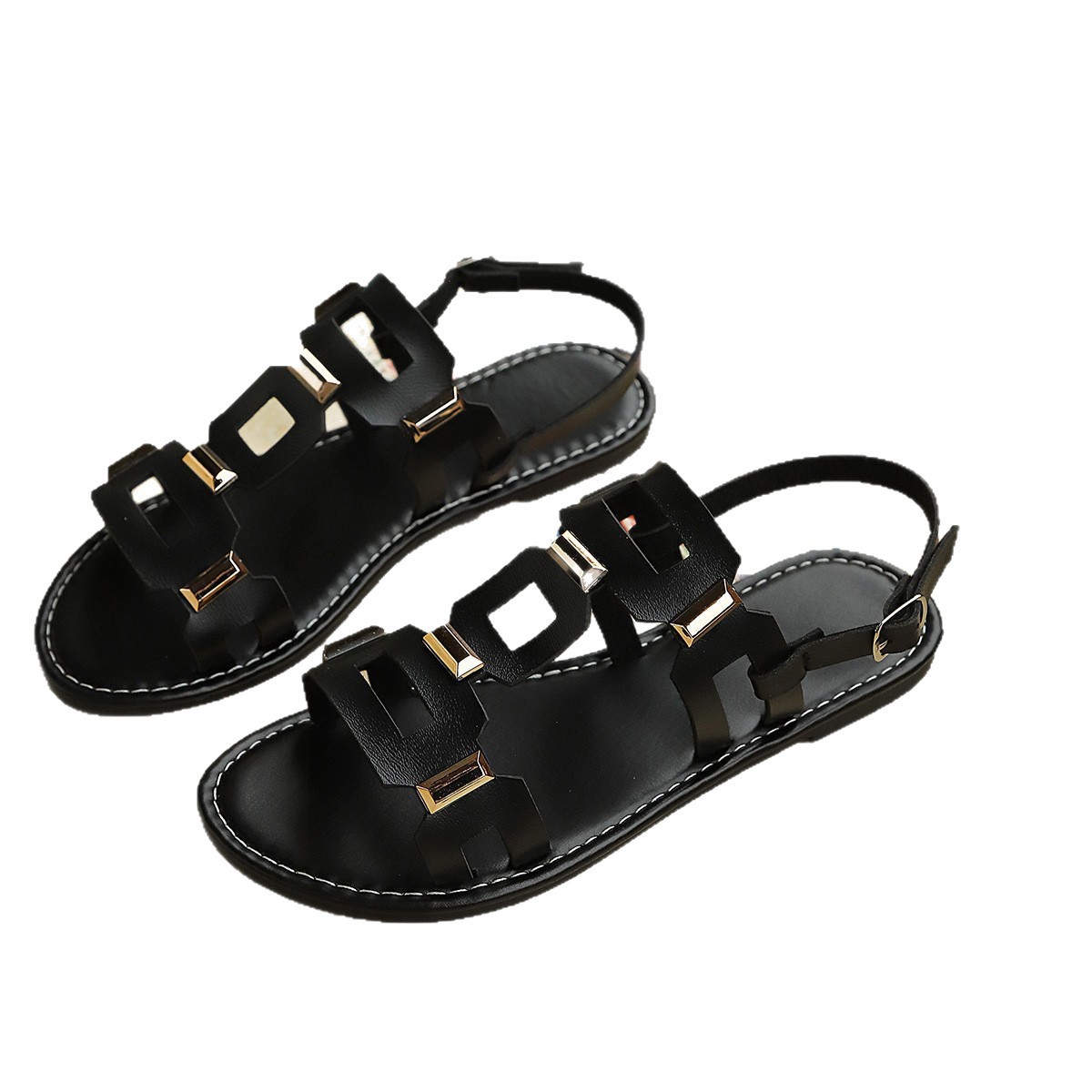 In-stock Flat Metal Beach For Women, 2026 Summer New Large Size Casual Open-toe Sandals Wholesale_vogvips.com