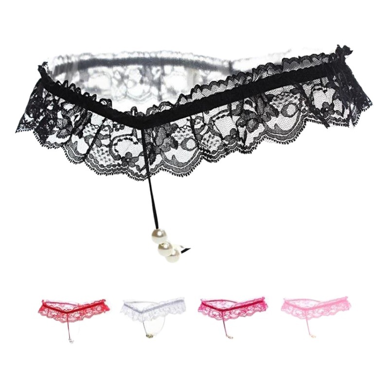 Sexy Lace Women's Thong with Pearl Open Crotch Panties, Intimate Couple Lingerie 	 Clothing with Pearl Embellishments and Open Crotch.