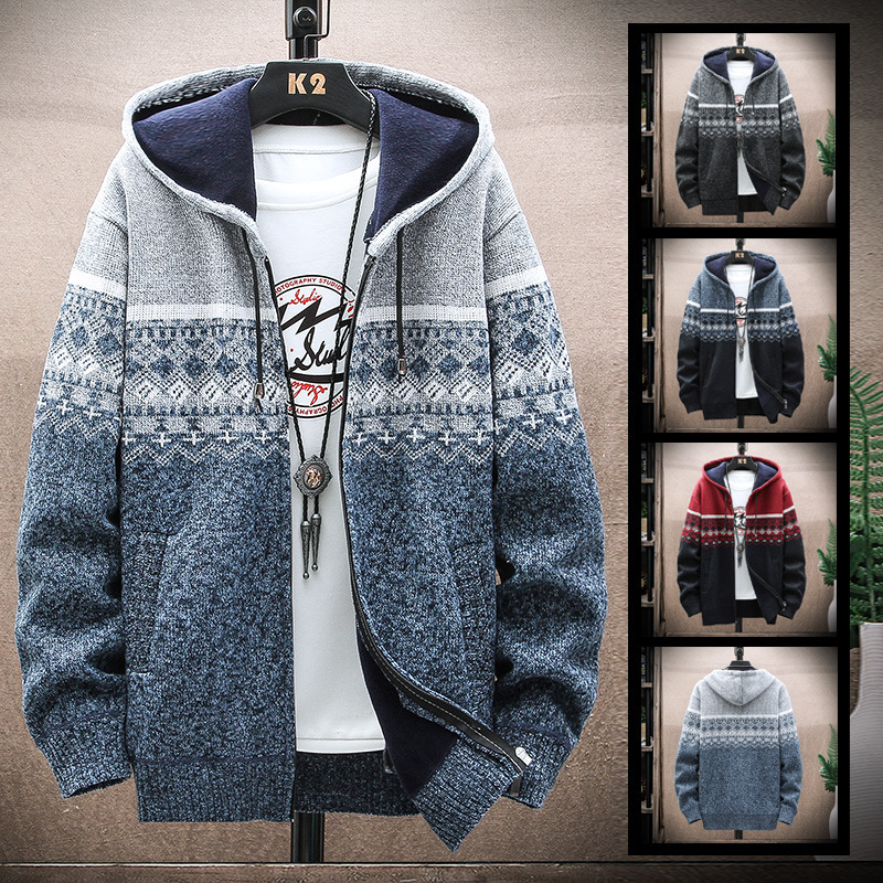 2021 autumn and winter men's fleece gradient sweater large size Foreign Trade men's coat hooded cardigan men's sweater