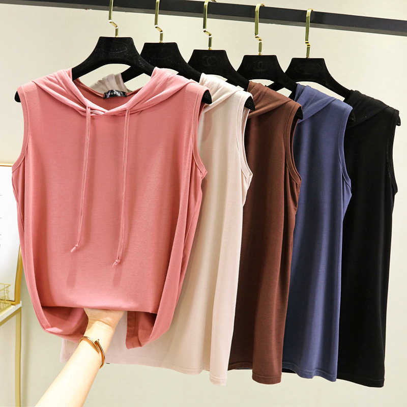 Modal Sleeveless T-shirt Women's Spring and Summer Korean-style Hooded Casual Vest Solid Color Loose Base Shirt Thin Sports Top