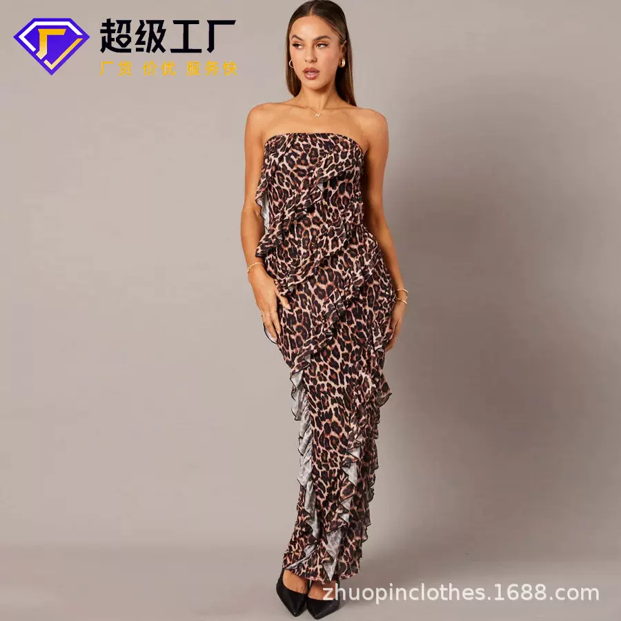 亚马逊热销女装工厂直供定制欧美辣妹酷飒风性感豹纹抹胸长连衣裙