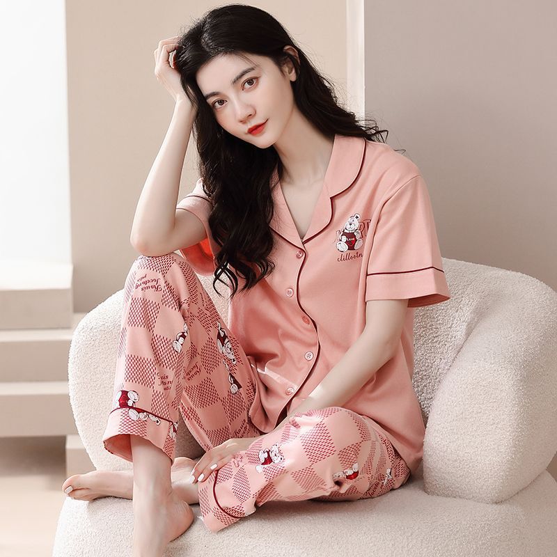 Pijamas de mujer primavera y verano 2023 nuevo 100% algodón cardigan pantalones de manga corta casual traje de desgaste para el hogar