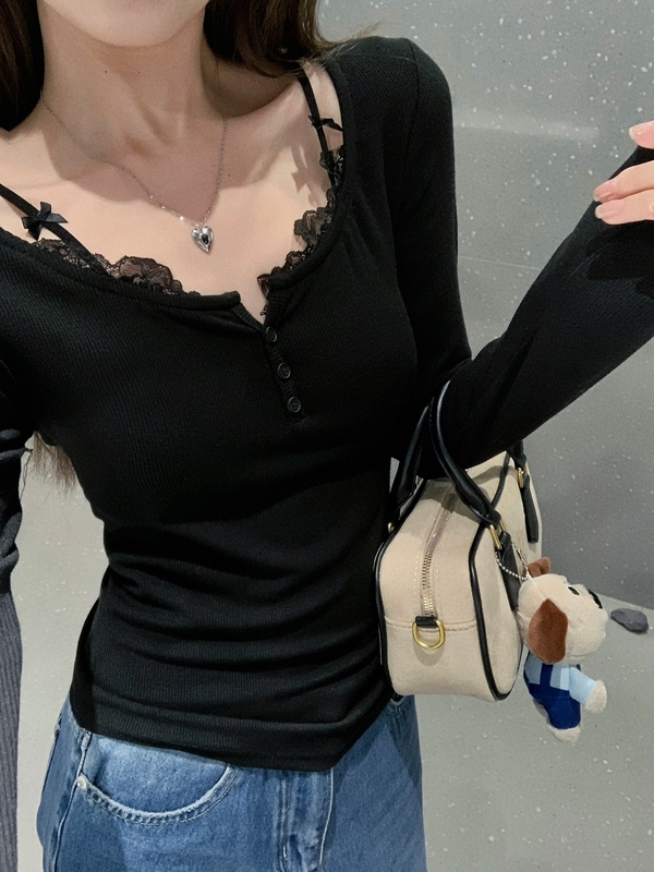 大码胖mm秋季新款韩版百搭纯欲风修身显瘦T恤蕾丝花边长袖上衣女1|undefined