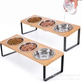 木质宠物猫狗碗架 实木陶瓷不锈钢三碗斜口护颈猫食盆架宠物饭碗