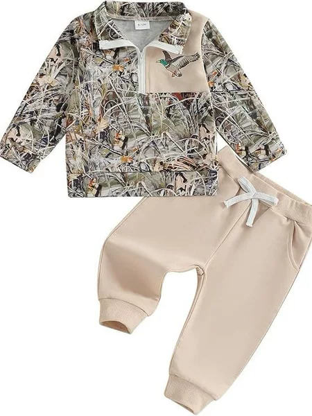 Toddler Baby Boy Hunting Clothes Wild Duck Camouflage Half Zip Sweatshirts Top Solid Color Pants Set Fall Outfits