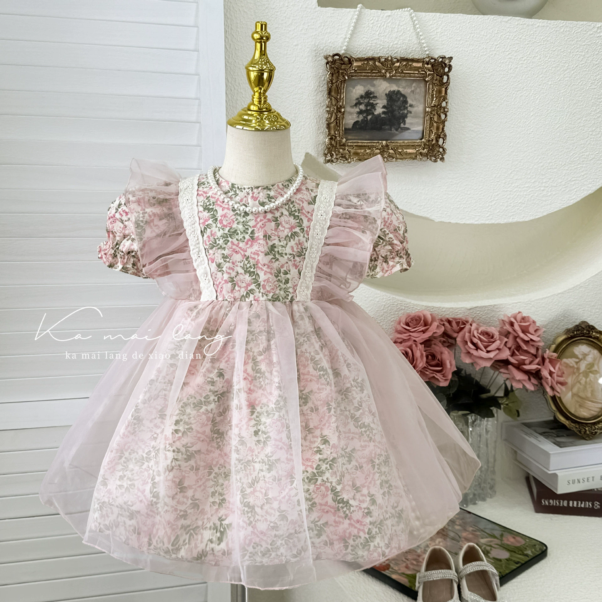 Маленький princess костюм, детское платье, (Физические данные), цветочный принт, корейский стиль, puff рукава, западный стиль