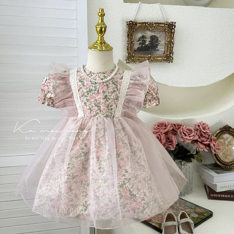 Маленький princess костюм, детское платье, (Физические данные), цветочный принт, корейский стиль, puff рукава, западный стиль