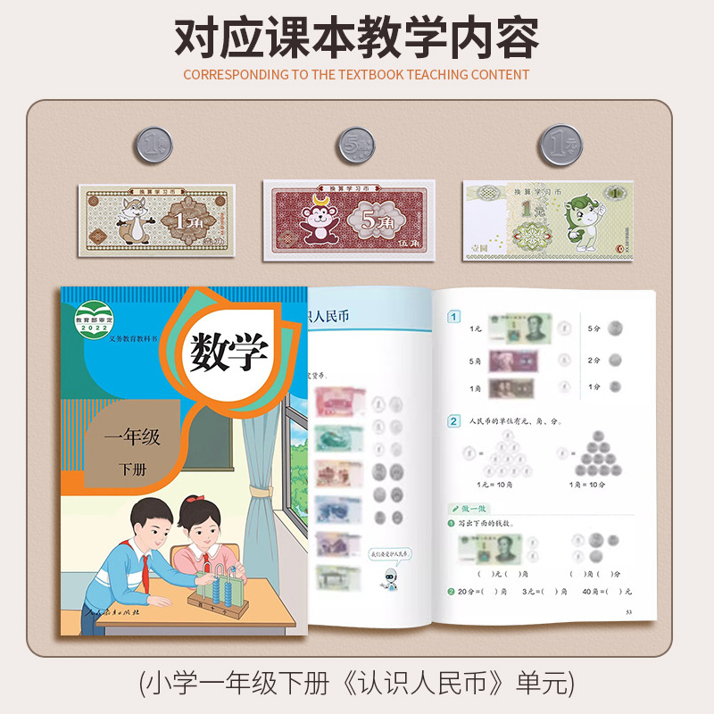 Equipo de aprendizaje de RMB Simulación matemática Comprensión de Yuanjiao Puntos de primer y segundo grado Billetes y monedas para niños Conjunto de ayudas didácticas